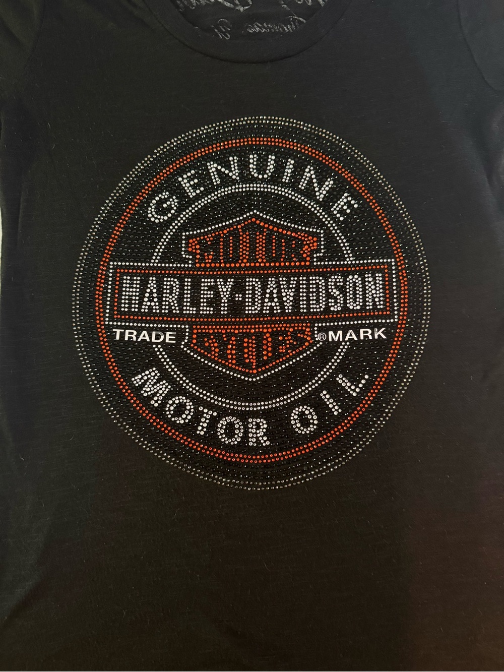 Harley-Davidson Black Tee with Red and White Gem Diamond Crystal Studded Logo